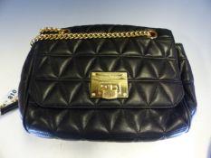 A MICHAEL KORS QUILTED BLACK LEATHER CROSS BODY BAG. W 28 cm