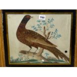 A 19th C. FEATHER DEPICTION OF A COCK PHEASANT PERCHED ON A WATERCOLOURED TREE AND WITHIN VERRE