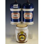 GLADSTONE POTTERY MUSEUM FOR CHALSYN Ltd., A PAIR OF BLUE POTTERY PHARMACY JARS AND DOMED COVERS