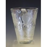 A LALIQUE ISFAHAN ROSE PATTERN GLASS VASE, THE SIDES TAPERING TOWARDS THE FOOT AND MOULDED WITH