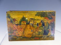 A PERSIAN PAPIER MACHE SNUFF BOX, THE RECTANGULAR LID PAINTED WITH TWO MEN AND A LADY SEATED IN A