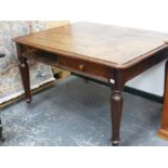 A VICTORIAN OAK TWO DRAWER WRITING TABLE ON SHAPED OCTAGONAL LEGS.