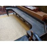 AN ANTIQUE OAK LONG HALL BENCH ON TURNED SUPPORTS. H 54 X W 276 X D 63cms.