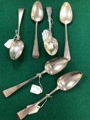 SIX GEORGE III OLD ENGLISH PATTERN TABLE SPOONS, LONDON VARIOUS DATES, TO INCLUDE A PAIR, LONDON