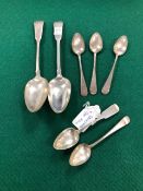 A PAIR OF 19th C. SILVER FIDDLE PATTERN TABLE SPOONS BY WILLIAM JAMIESON, ABERDEEN, A FIDDLE PATTERN