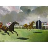 DORIS ZINKEISEN (1898-1991) ARR. THE HORSE RACE, SIGNED, OIL ON CANVAS. 51 x 61cms
