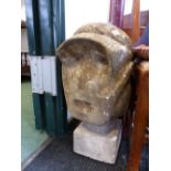 AN UNUSUAL CARVED STONE BUST SCULPTURE OF A RACING DRIVER HEIGHT 60 cm