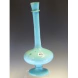 A TURQUOISE POTTERY HOOKAH PIPE BASE, POSSIBLY 19th C. KASHAN, THE TALL NECK FLARING ABOVE A DISC