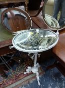 A VICTORIAN CREAM PAINTED IRON TRIPOD MIRRORED TABLE WITH TWO OVAL MIRRORS RAISED ON ARMS OVER THE M