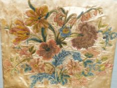 TWO 18th C. PLUSH WORK ON CREAM SILK EMBROIDERIES OF FLOWERS, WITHIN BLUE MOUNTS, THE SILK. 51 x
