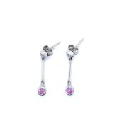 A PAIR OF 18ct WHITE GOLD HALLMARKED DIAMOND AND PINK GEMSET ARTICULATING DROP EARRINGS. WEIGHT 3.