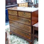 A GEORGE III MAHOGANY AND SATIN WOOD INLAID CHEST OF TWO SHORT AND THREE LONG DRAWERS ON SHAPED