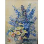 MARION BROOM (20th C. ENGLISH SCHOOL) FLORAL STILL LIFE, SIGNED, WATERCOLOUR. 77 x 56cms