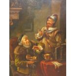 19th CENTURY CONTINENTAL SCHOOL " THE WEIGHING IN" SIGNED INDISTINCTLY OIL ON CANVAS 68 x 51 cms