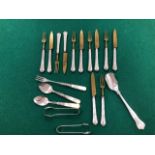 A SET OF SIX BRONZE BLADED FRUIT KNIVES AND FORKS WITH WHITE METAL HANDLES TOGETHER WITH AN