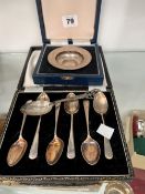 HALLMARKED SILVER COFFEE SPOONS AND A SMALL SILVER DISH.