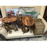 A BRASS COAL PURDONIUM TWO INLAID TRIPOD TABLES, A PAIR OF CARVED WOOD TABLE LAMPS AND TWO GILT