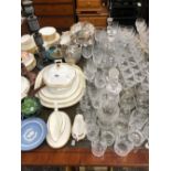 A WATERFORD PART DRINKING GLASS SET, OTHER GLASS AND DECANTERS, MINTON GOLDEN HERITAGE DINNER SET,