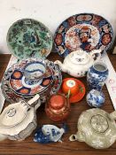 JAPANESE IMARI AND BLUE WHITE, A CANTON DISH, A TEA POT OF CASTLEFORD TYPE AND TWO OTHER TEA POTS