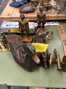 A DINKY CAR CARRIER, BRASS FIGURES, TWO DECOY DUCKS AND TWO BRASS CANNONS