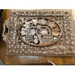 A BURMESE CARVED WOOD TWO HANDLED TRAY