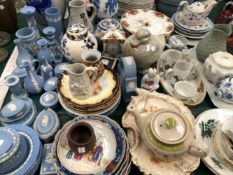 WEDGWOOD BLUE JASPER, TEA WARES, CHINESE AND JAPANESE PLATES, VASES TOGETHER WITH TWO PORCELAIN