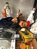 TWO DOULTON FIGURES, A FIGURE OF THE SNOWMAN, A BESWICK FIGURE AND TWO GLOVE PUPPETS