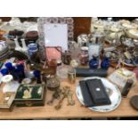 ELECTROPLATE, A GLASS PHOTOGRAPH FRAME, POSTAGE STAMP AND OTHER BOXES, DECORATIVE CERAMICS AND A SET