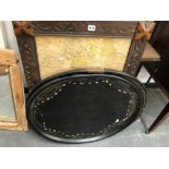 TWO PAPIER MACHE OVAL TRAYS TOGETHER WITH A FRAMED MAP OF NORTHERN ENGLAND