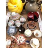 SPODE, WORCESTER AND OTHER COFFEE CUPS AND SAUCERS, JAPANESE LACQUER AND A YELLOW JUG