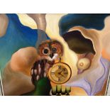 AN IMPRESSIONISTIC OIL PAINTING FEATURING AN OWL AND A CLOCK FACE