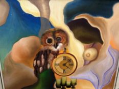 AN IMPRESSIONISTIC OIL PAINTING FEATURING AN OWL AND A CLOCK FACE