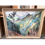 IVY T. ATTWELL (20th CENTURY) A MOUNTAIN LANDSCAPE, SIGNED, OIL ON BOARD. 61 x 77cms. TOGETHER WITH