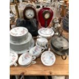 CLOCKS, A TABLE LAMP, DOG BOOKENDS, PEWTER AND NORITAKE TEA WARES.