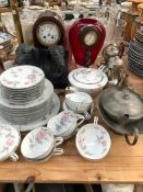 CLOCKS, A TABLE LAMP, DOG BOOKENDS, PEWTER AND NORITAKE TEA WARES.