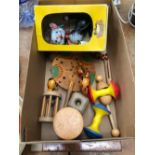 A PELHAM PUPPET CAT TOGETHER WITH WOODEN AND PLASTIC TOYS