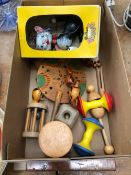 A PELHAM PUPPET CAT TOGETHER WITH WOODEN AND PLASTIC TOYS