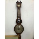 A MAHOGANY BANJO BAROMETER, THE DIAL BELOW AN ALCOHOL THERMOMETER