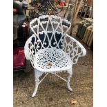 A PAINTED CAST IRON ALLOY PATIO CHAIR