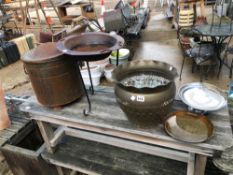 A BRASS JARDINIERE, A PEWTER COMPOTE DISH AND OTHER METALWARES