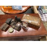 THREE PAIRS OF OPERA GLASSES, AN ISLAMIC PARQUETRY BOX, LETTER SCALES, ETC.