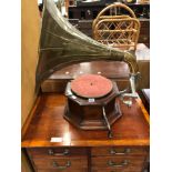 A HIS MASTERS VOICE WIND UP GRAMOPHONE WITH A BRASS HORN SPEAKER