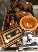 TREEN ANIMALS AND FIGURES, A CASH BOX AND A LEMON PRESS SQUEEZER