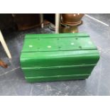A GREEN PAINTED IRON TWO HANDLED TRUNK TOGETHER WITH TWO ETCHINGS