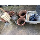 VARIOUS GARDEN PLANTERS, TWO CHIMNEY POTS, A SMALL COMPOSITE BIRD BATH ETC