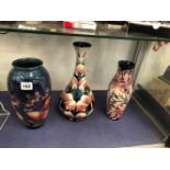 THREE MOORCROFT VASES AND A TABLE LAMP