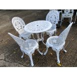 A PAINTED CAST ALLOY PATIO TABLE AND FOUR CHAIRS (INCLUDING CUSHIONS)