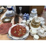 MEAKIN, CHAPMAN AND FOLEY TEA WARES, A CONVEX MIRROR AND THREE JAPONAISERIE RED GROUND PLATES,