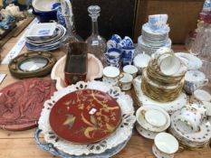 MEAKIN, CHAPMAN AND FOLEY TEA WARES, A CONVEX MIRROR AND THREE JAPONAISERIE RED GROUND PLATES,