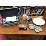 A SET OF BOULES, WEDGWOOD GREEN JASPER AND OTHER CERAMICS, A BEZIQUE BOARD, ETC.